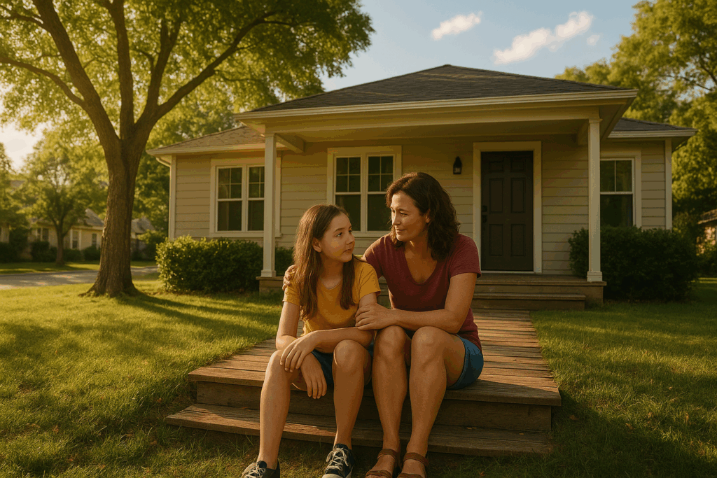 A wide-angle, photo-realistic image of a mother and her pre-teen daughter sitting on the wooden steps of a suburban home on a sunny summer afternoon. The mother, in a burgundy shirt and denim shorts, gently embraces her daughter, who wears a yellow shirt and sneakers. Soft sunlight filters through the trees, casting a warm glow over the cozy beige house, green lawn, and leafy neighborhood setting.