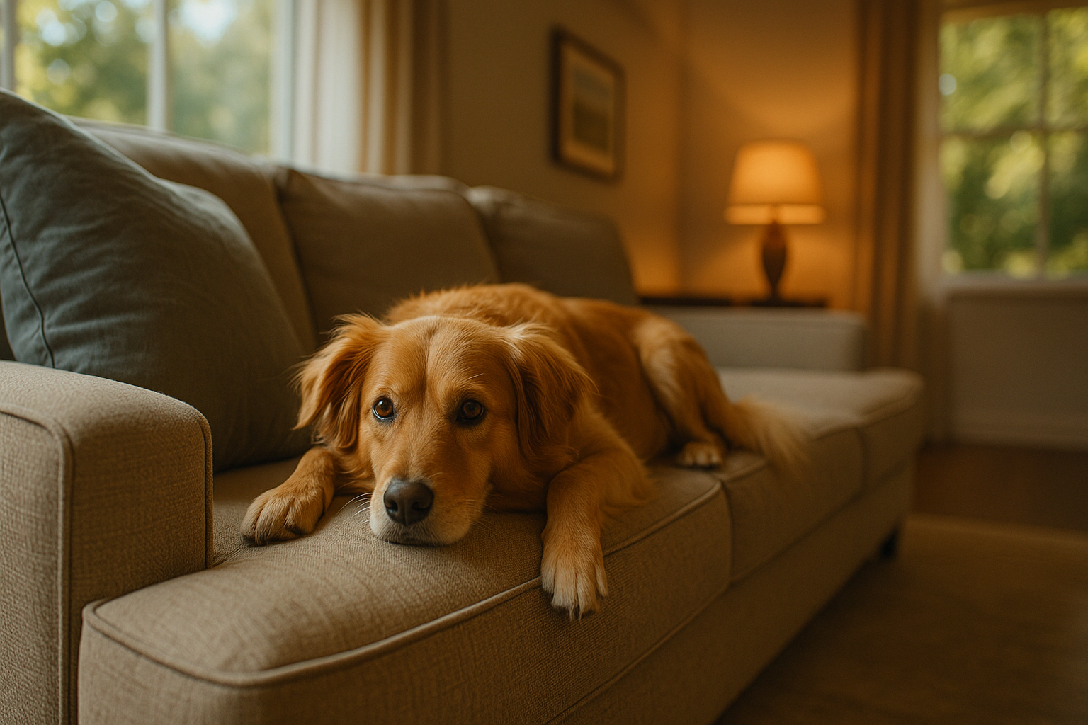 Golden retriever lounging on a couch between two parents during a custody dispute, symbolizing family life and everyday challenges in Texas child custody cases.