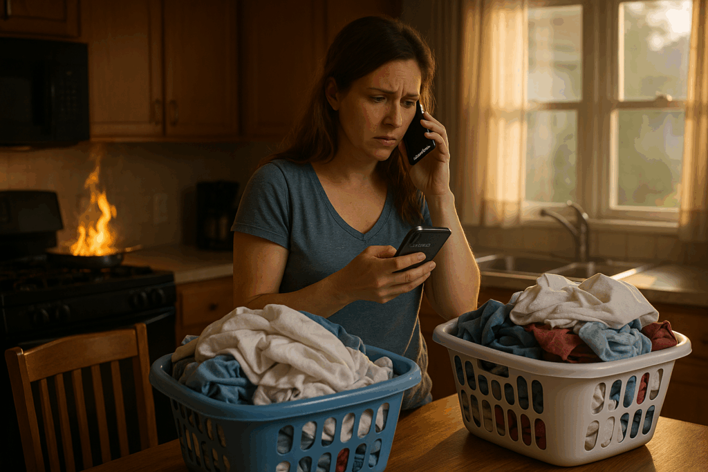 A multitasking mom checks her phone while folding laundry in a busy summer-lit kitchen, with a pan on fire in the background.