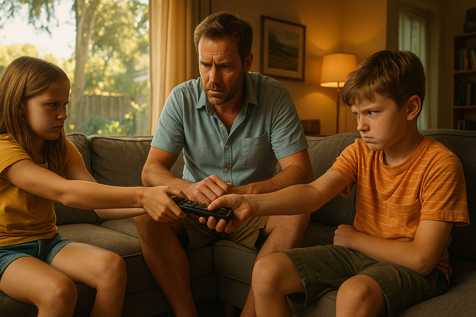 Parent mediating two children arguing over the TV remote in a living room, symbolizing custody challenges and family conflict during divorce in Texas.