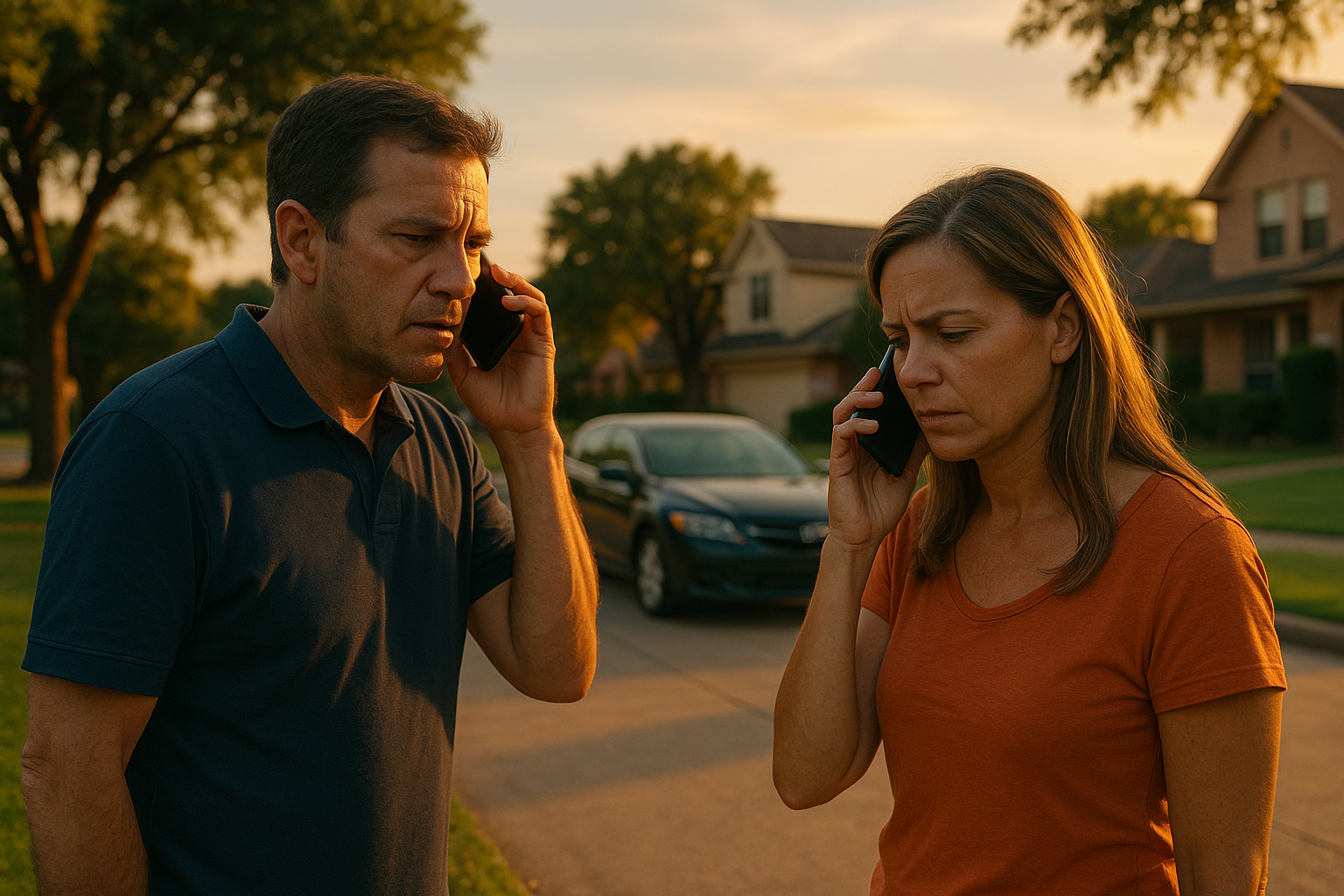 A man and woman stand on a suburban Houston street during a summer sunset, both on tense phone calls, reflecting a child custody dispute.