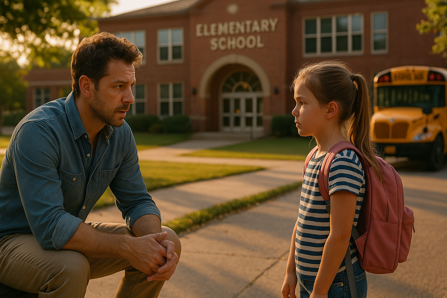 Father talking with his young daughter outside a Texas elementary school after divorce, symbolizing child custody discussions and focus on academic stability.