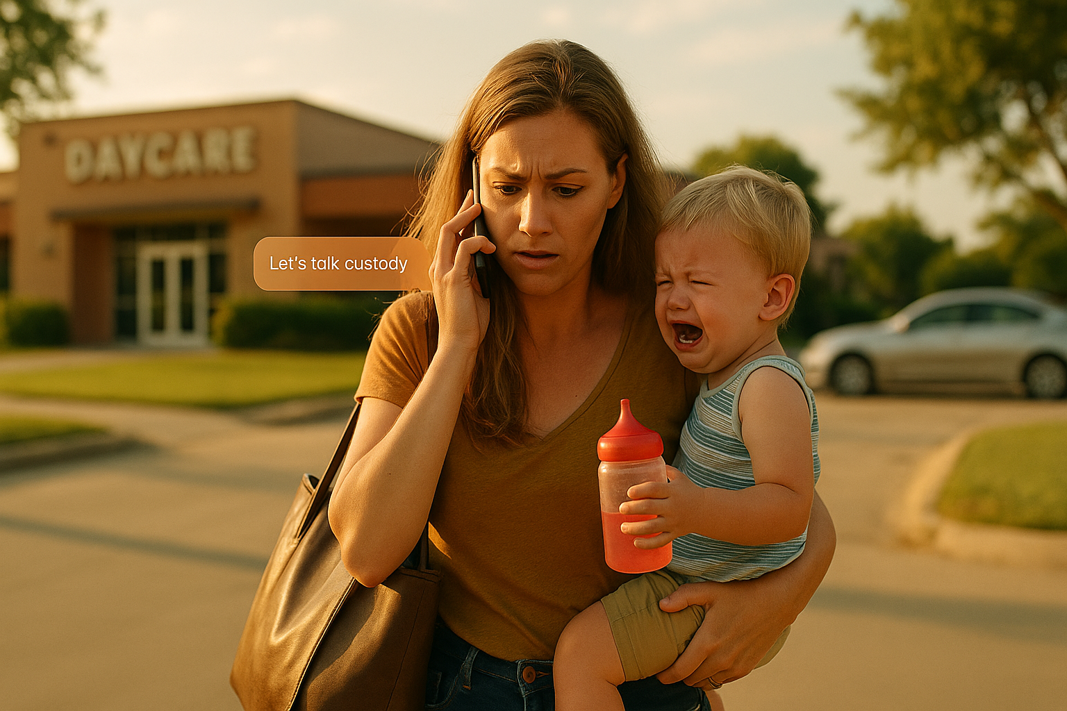 Mother holding crying toddler outside daycare while reading a custody-related text, illustrating the stress of co-parenting.