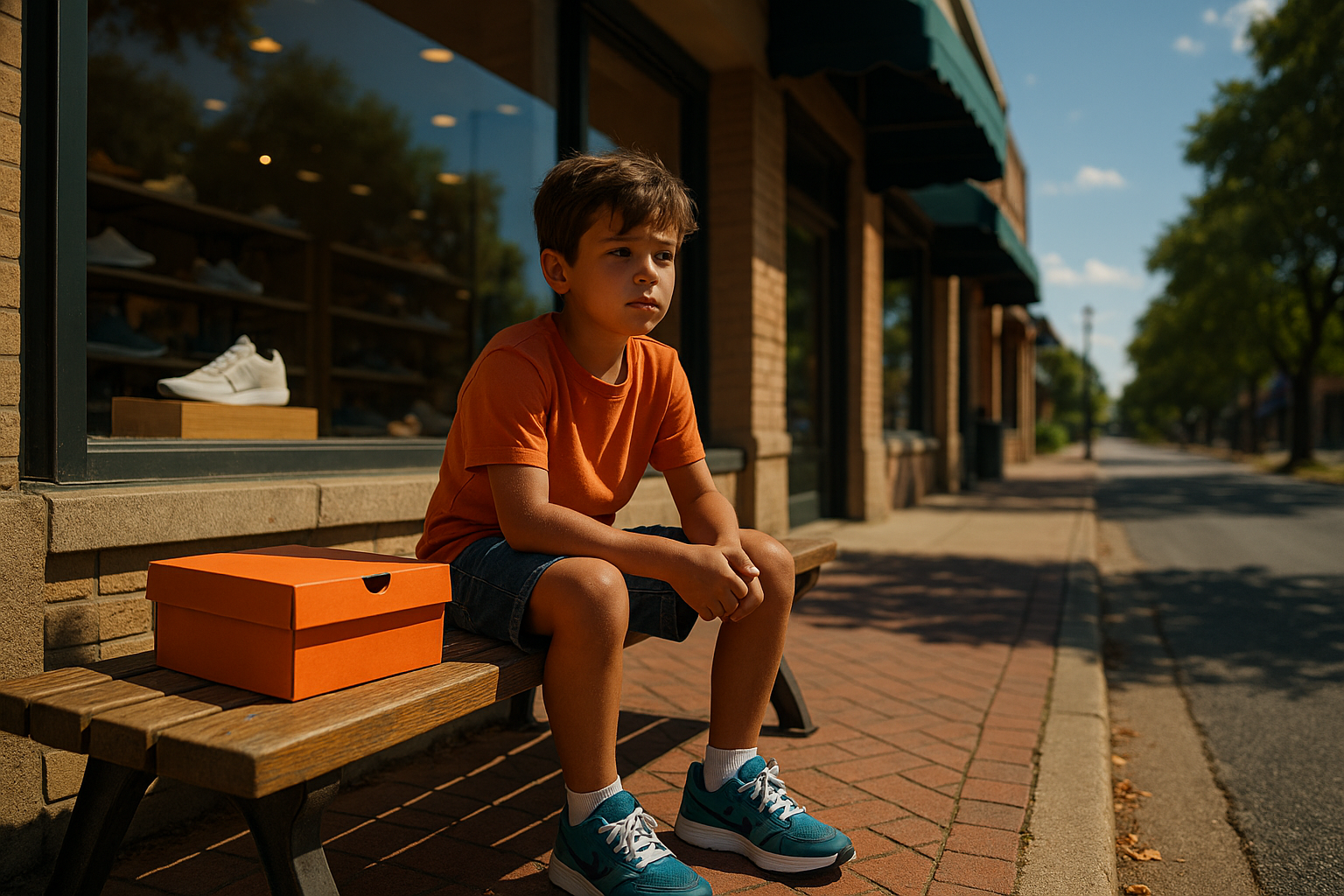 Child sitting on a bench with new sneakers and a shoebox outside a store on a sunny Texas day, symbolizing child support stability.