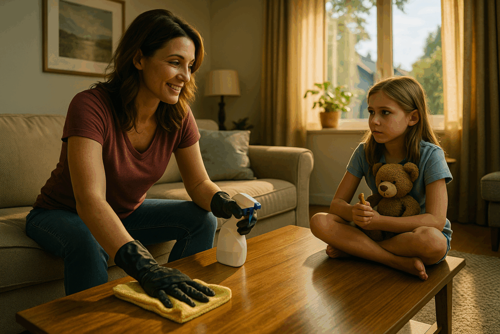 Mother cleaning coffee table while daughter watches, symbolizing preparation for a custody evaluation in a calm, home setting.