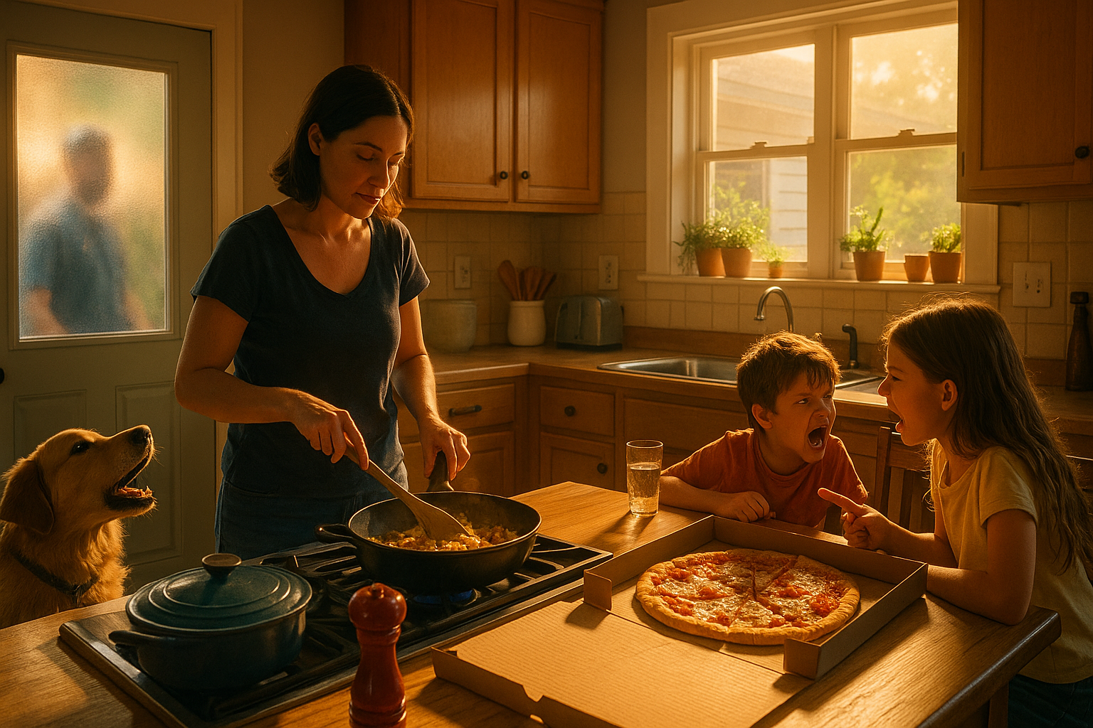 Family kitchen scene with mom cooking, kids arguing over pizza, and dog barking at delivery driver during a summer evening