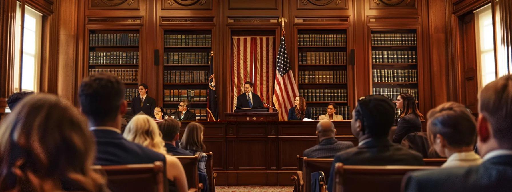 a dynamic courtroom scene captures a confident texas attorney passionately presenting a case on custody enforcement, surrounded by attentive jurors and a distinguished judge, with the imposing legal bookshelves in the background emphasizing the gravity of the proceedings.