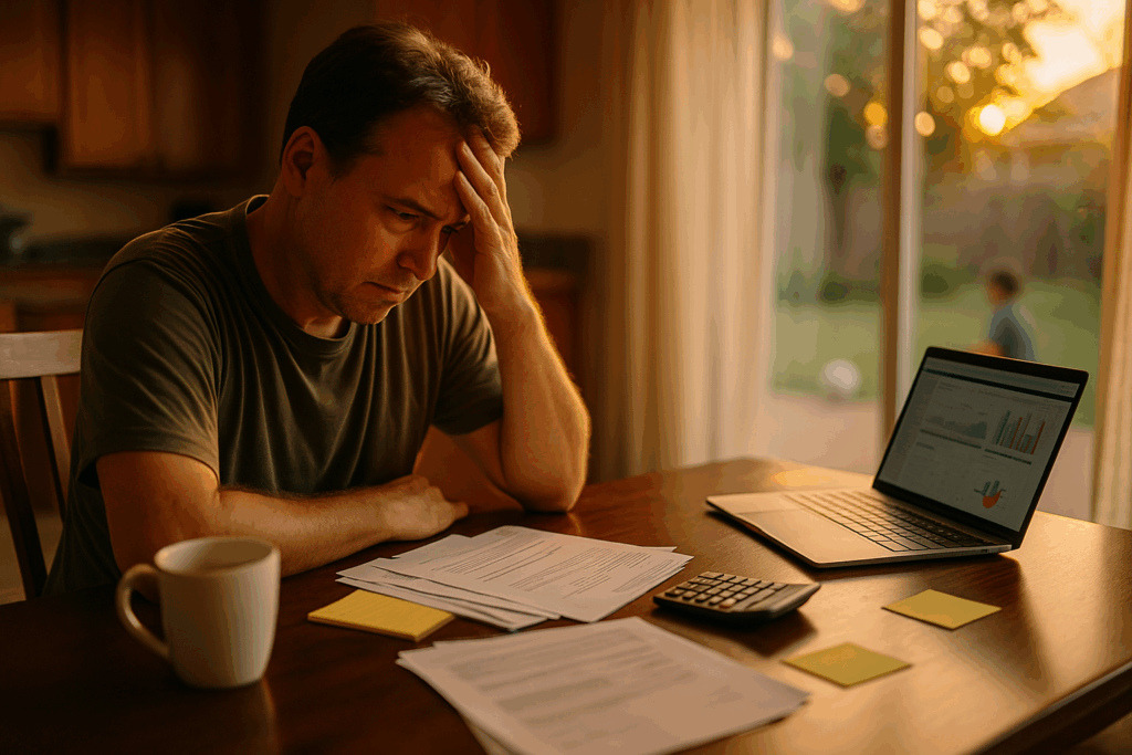 A concerned parent contemplating child support payments, highlighting the emotional impact.