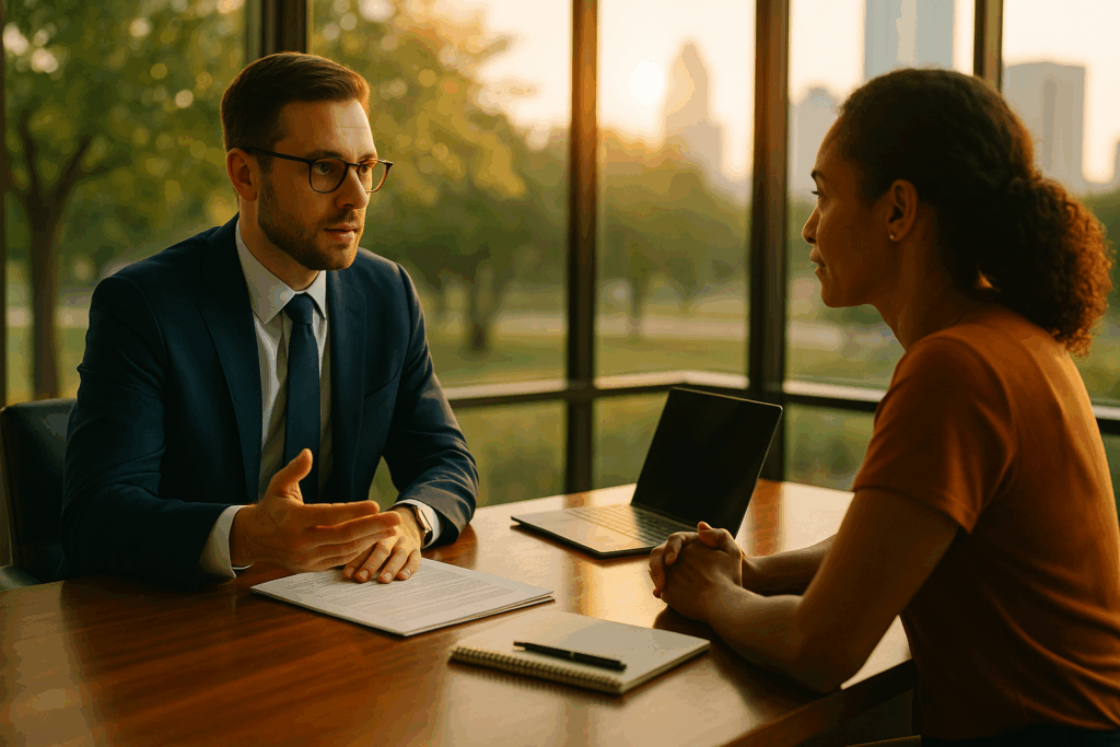 A family lawyer discussing child support options with a client, emphasizing the importance of legal representation.
