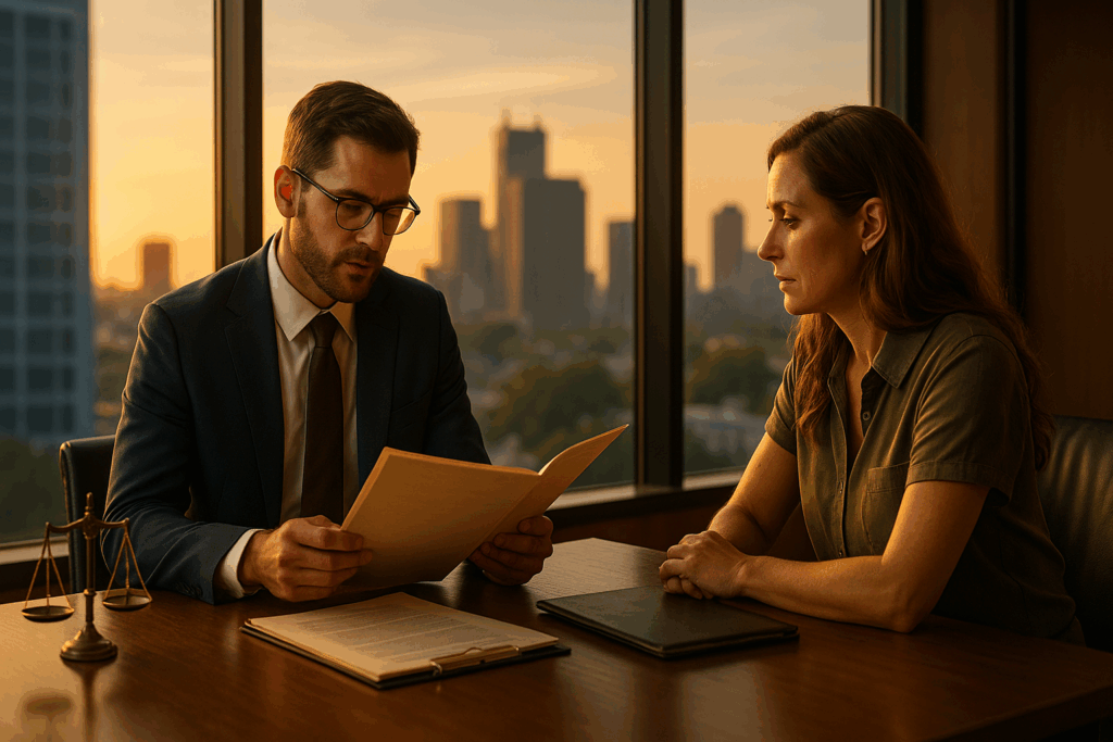 A lawyer reviewing a case file with a potential client, showcasing the process of choosing a child support lawyer.