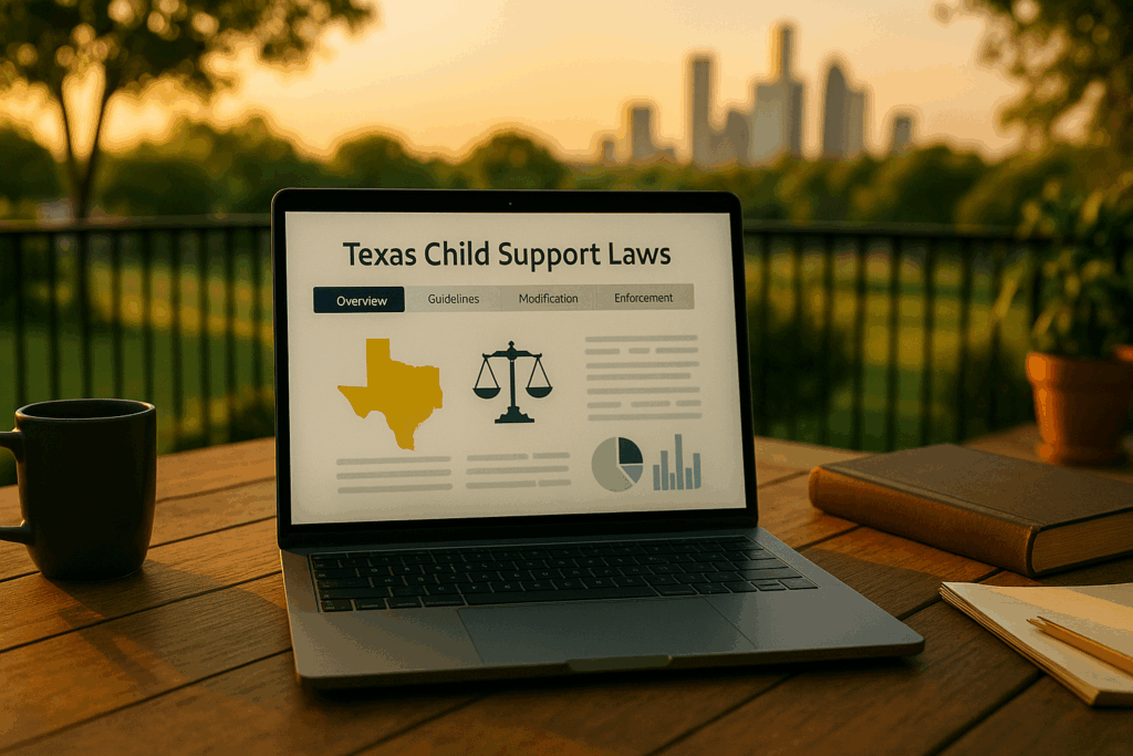 An overview of Texas child support laws displayed on a laptop screen.
