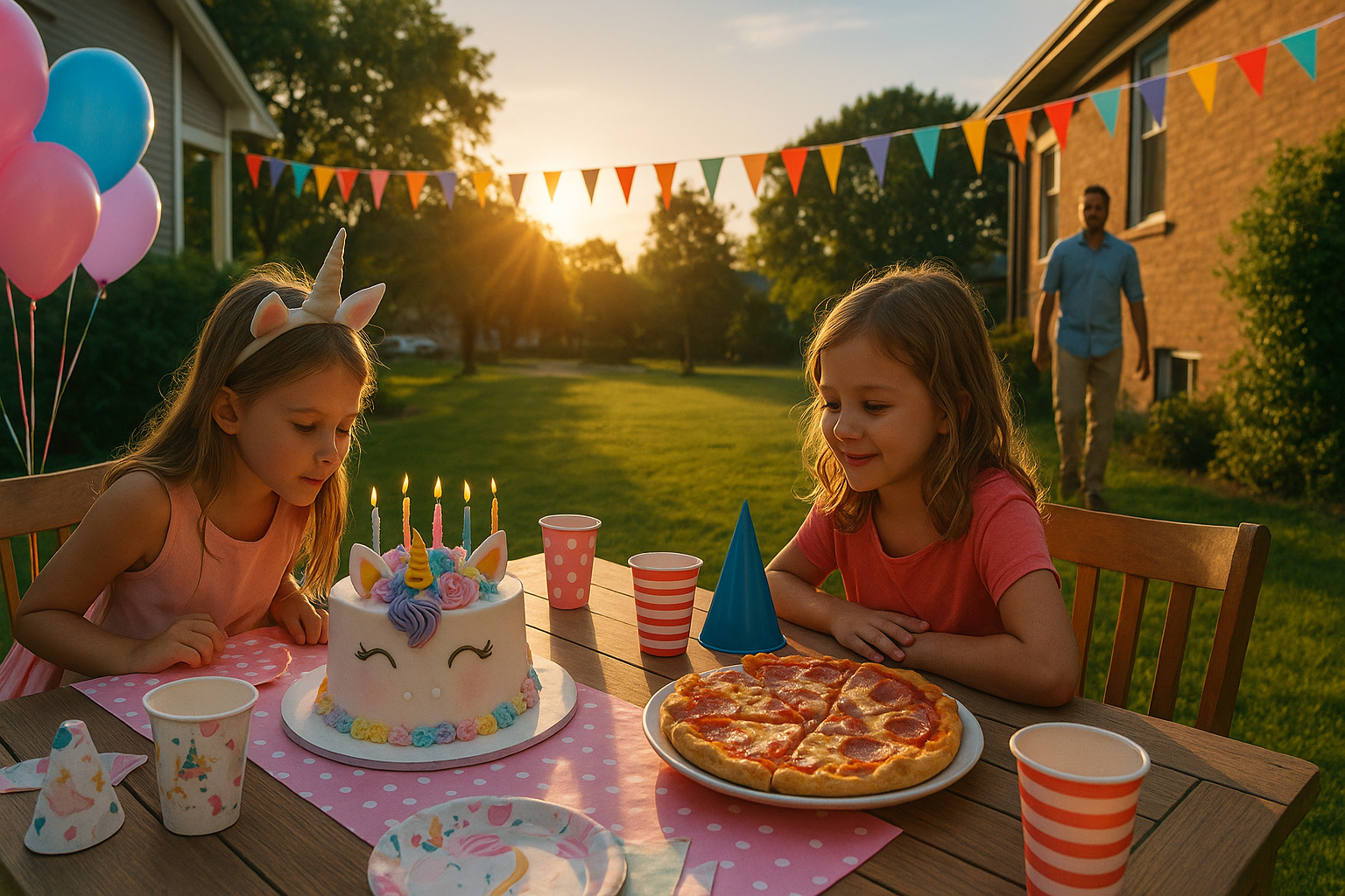Two young girls enjoy a summer birthday party at separate houses with unicorn cake and pizza, reflecting shared parenting after divorce.
