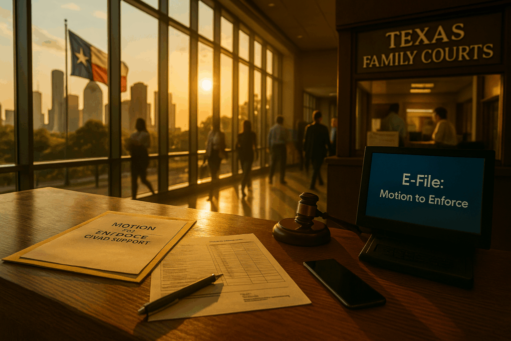 Filing a motion to enforce child support in Texas.