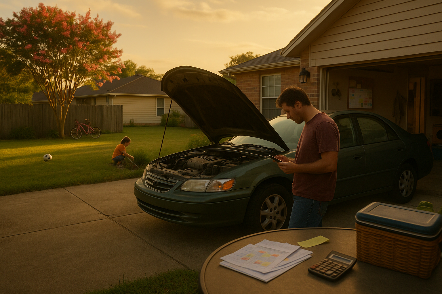 Wide-angle summer scene at a Houston home: a parent checks a car with the hood up while reviewing bills—illustrating Child Support Payment Adjustments Texas.