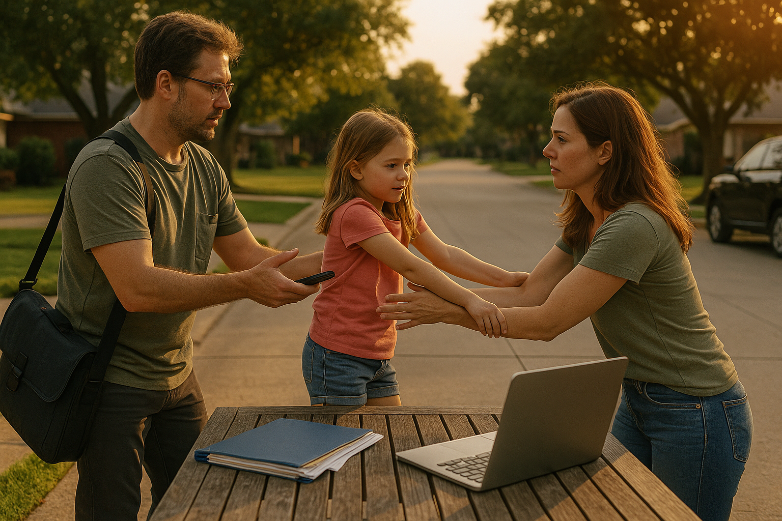 Divorced parents exchanging custody of their child in a suburban neighborhood during a summer evening, symbolizing co-parenting and child support transitions under Texas family law.