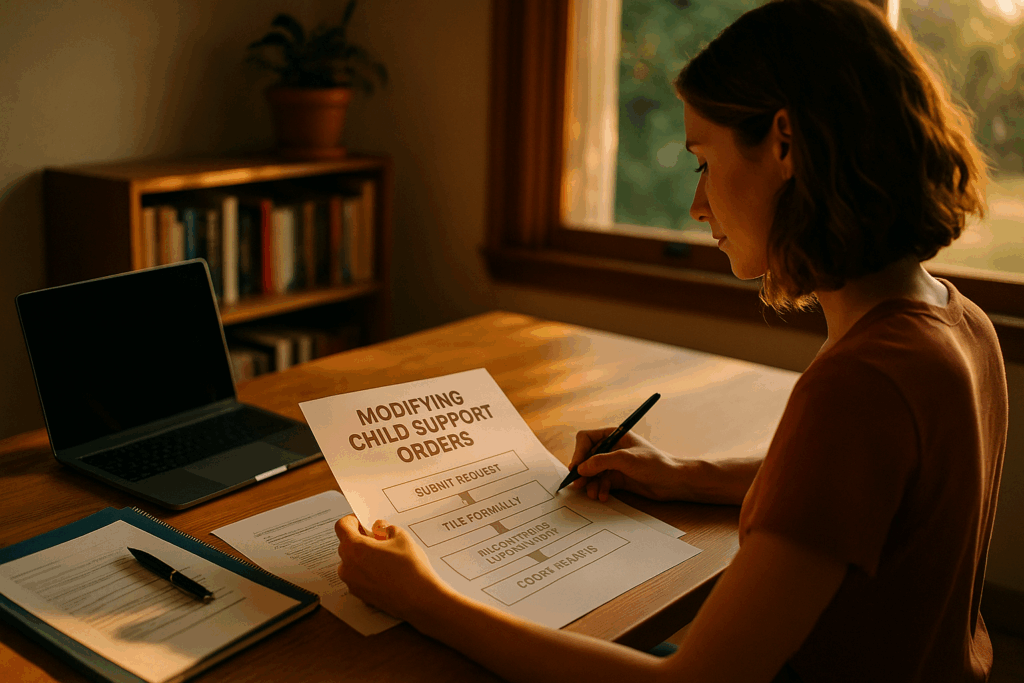 The process of modifying child support orders, showing steps involved.