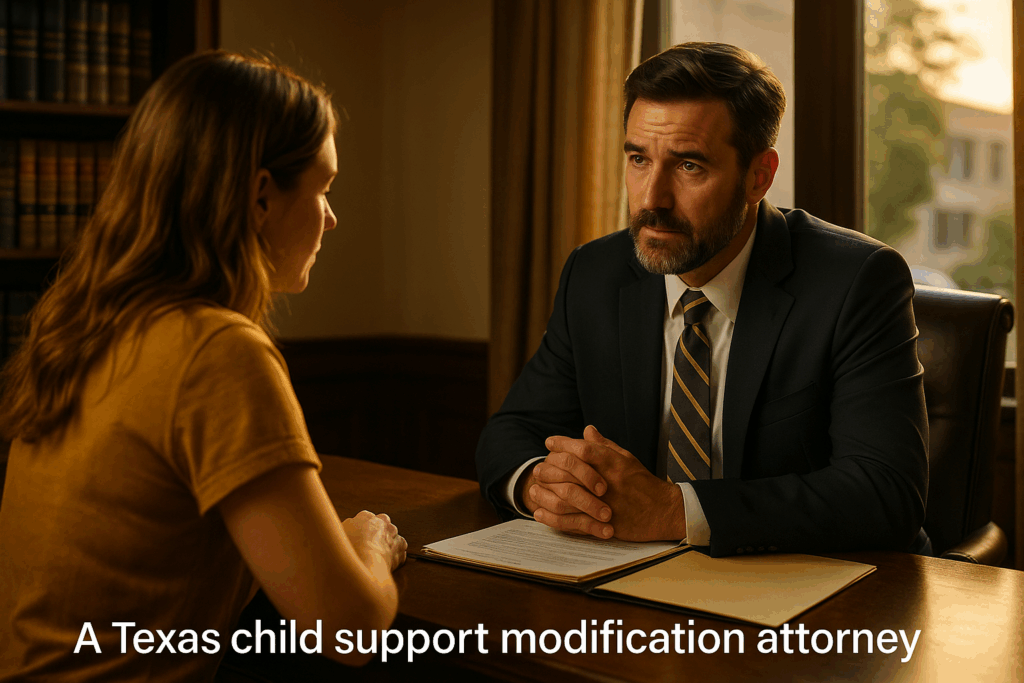 A Texas child support modification attorney consulting with a client.