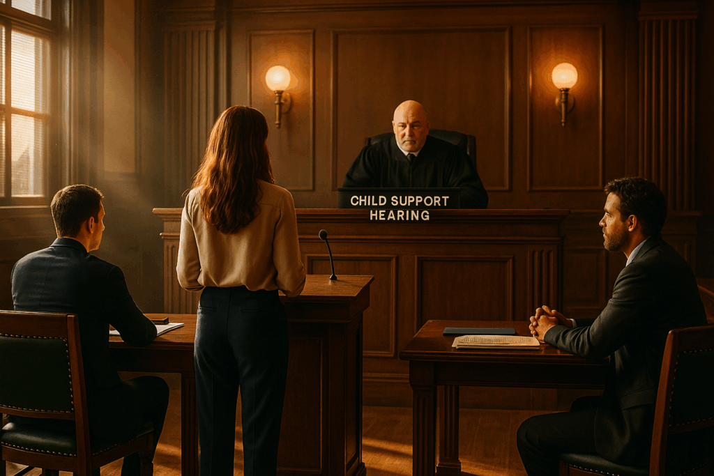 A courtroom scene during a child support hearing.