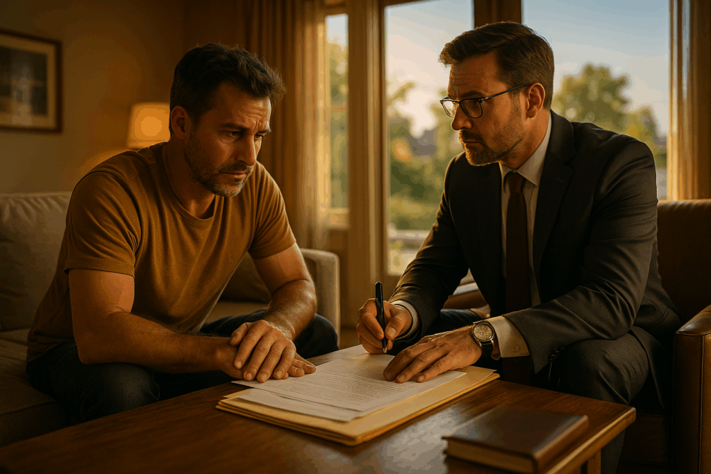 A father preparing for a custody dispute with the help of his attorney.