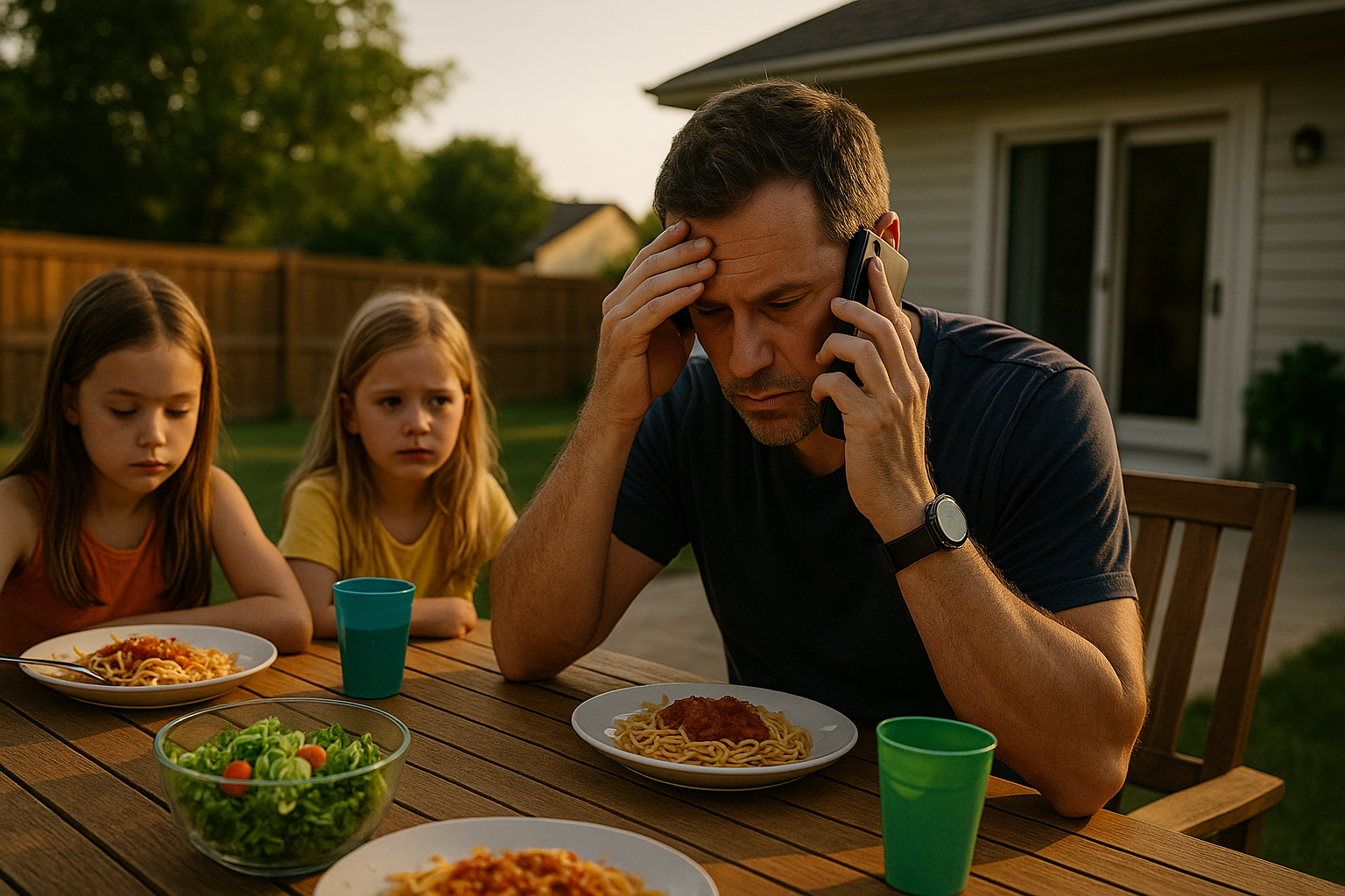A tired father sits outside with his two daughters at dinner on a warm Texas evening, worried after a phone call about child support.