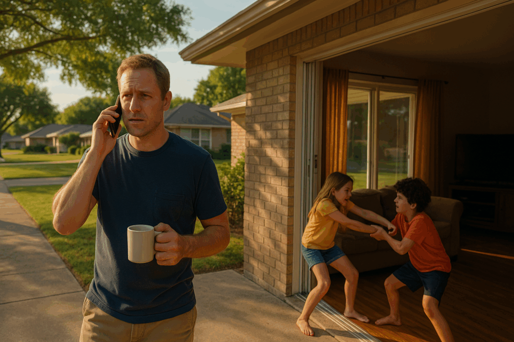 A father in a Texas neighborhood stands outside with coffee and a phone while his children playfully argue indoors on a sunny summer morning.