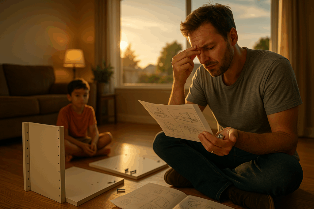 A father and young son assembling furniture together in a sunlit Texas living room, symbolizing guidance and rebuilding after divorce.
