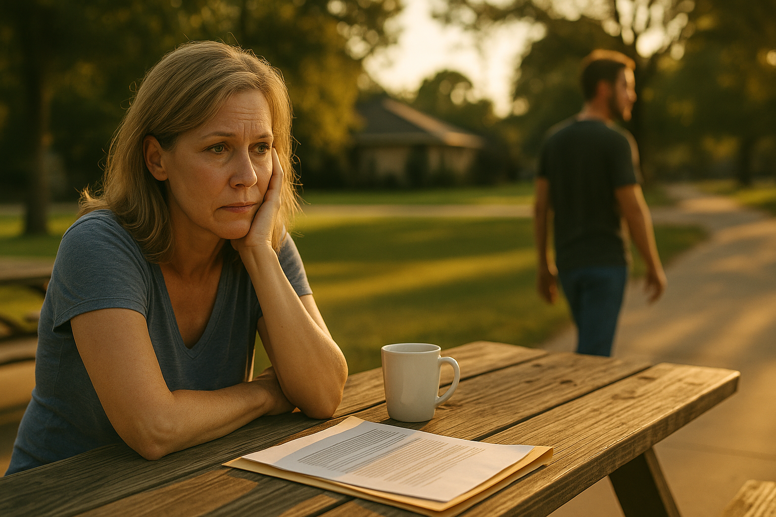 A woman sits at a wooden picnic table in the warm afternoon sunlight, looking thoughtful beside a coffee cup and paperwork as a man walks away in the background.
