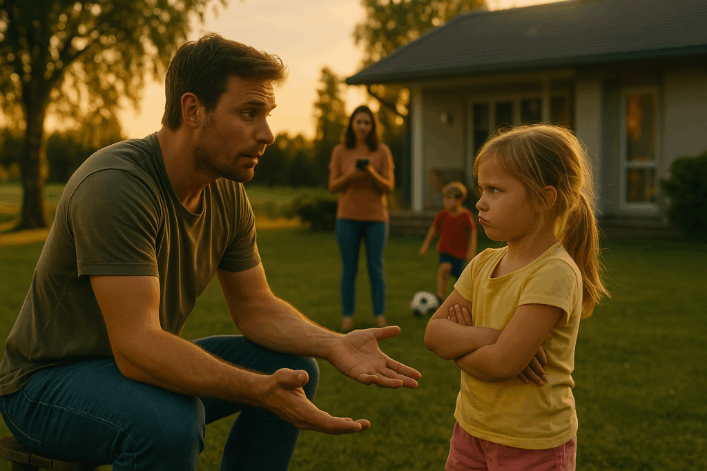 A father kneels in the backyard at sunset talking gently with his young daughter while the mother and another child stand nearby, symbolizing family communication and co-parenting after divorce.