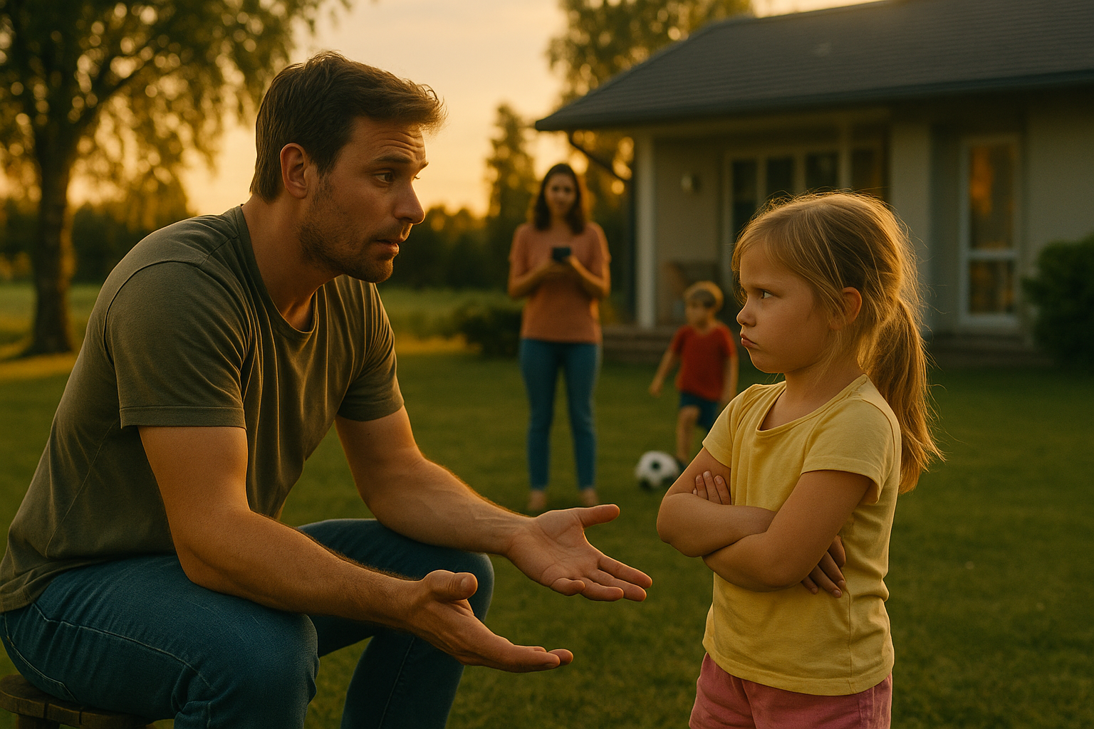 A father kneels in the backyard at sunset talking gently with his young daughter while the mother and another child stand nearby, symbolizing family communication and co-parenting after divorce.