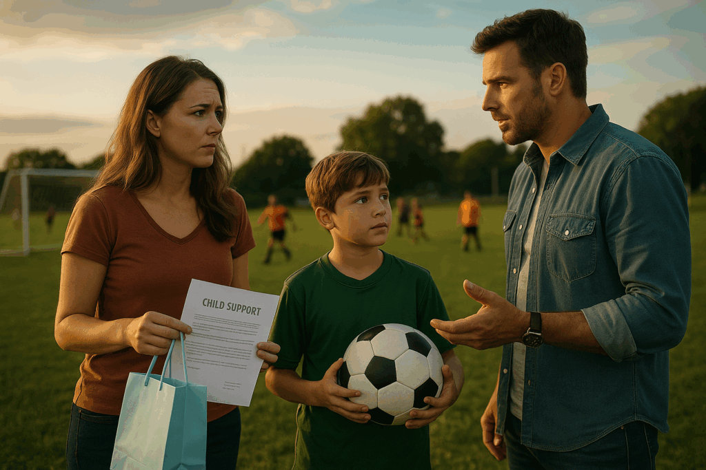 Divorced parents discussing child support at a soccer field while their child holds a soccer ball, symbolizing family and financial responsibilities.
