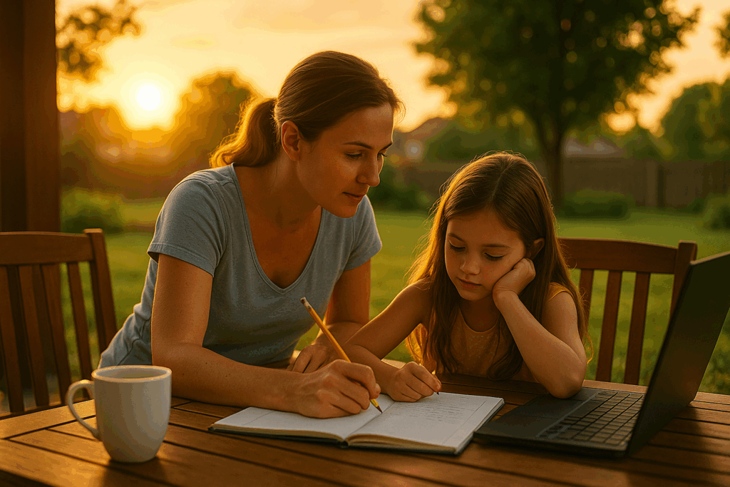 Mother helping her child with homework at sunset, symbolizing family stability and support during Texas child support cases
