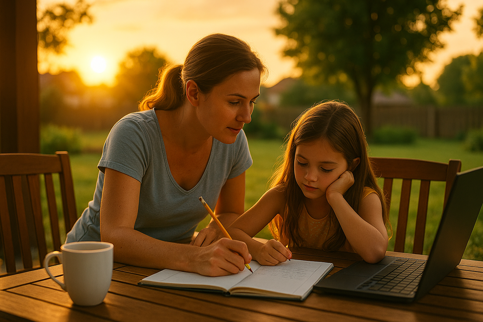 Mother helping her child with homework at sunset, symbolizing family stability and support during Texas child support cases