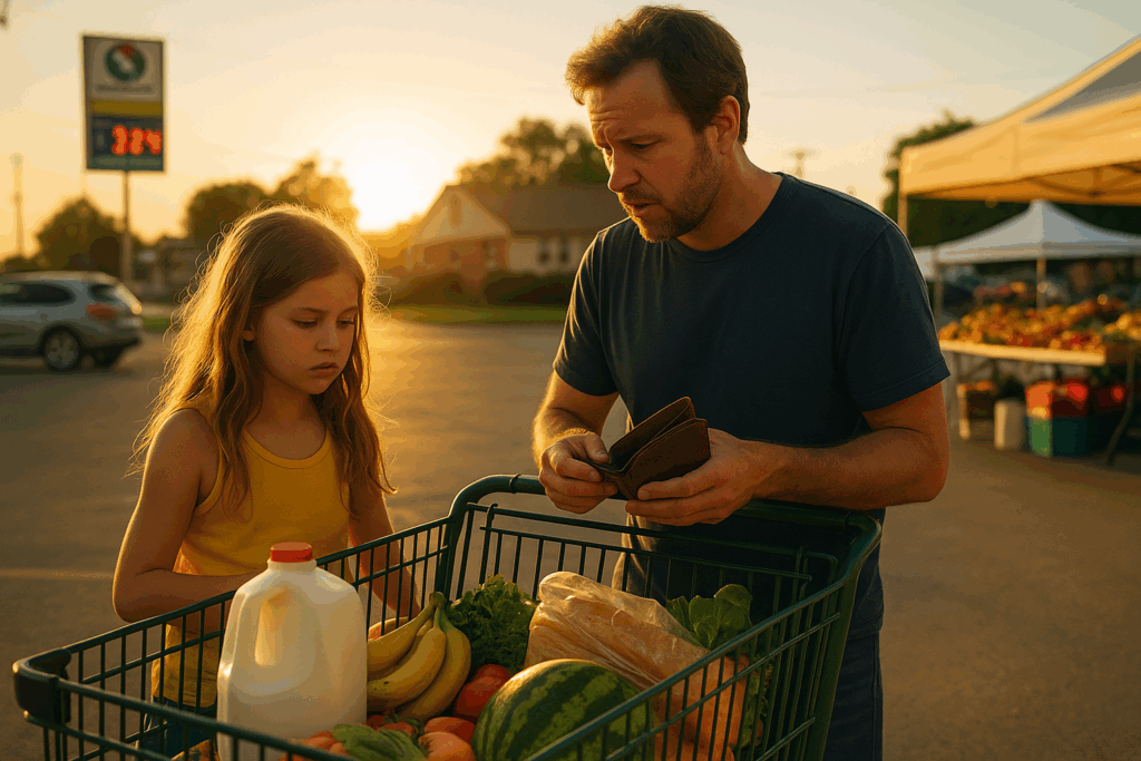 A father and daughter shop for groceries at sunset in a Texas neighborhood, symbolizing the financial challenges families face and the support offered by The Law Office of Bryan Fagan, PLLC.