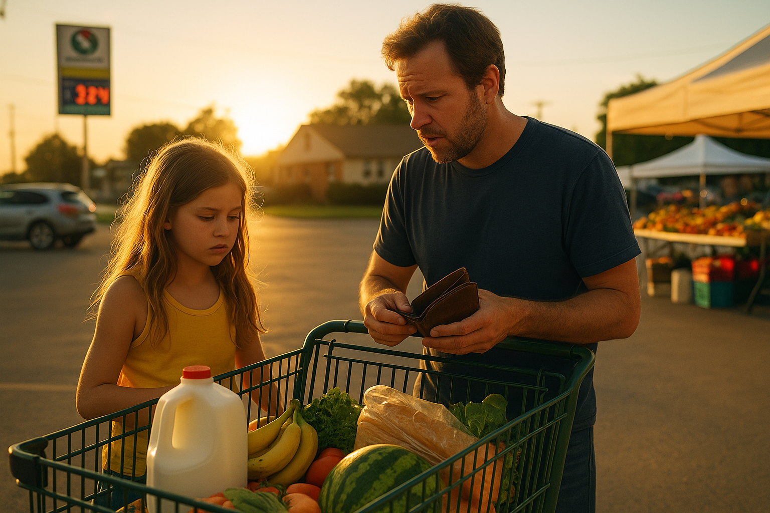 A father and daughter shop for groceries at sunset in a Texas neighborhood, symbolizing the financial challenges families face and the support offered by The Law Office of Bryan Fagan, PLLC.
