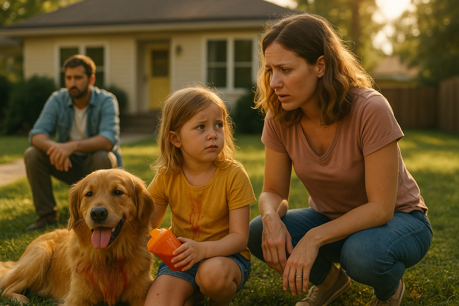 A mother and father co-parenting calmly after divorce while their young daughter and golden retriever sit in the yard, symbolizing Texas Family Law Child Support and family stability.