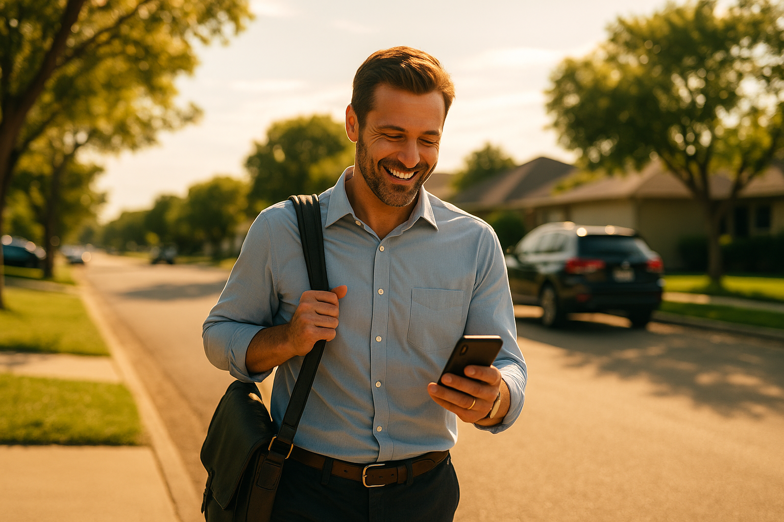 A smiling man in business casual attire checks his phone on a sunny Texas street after receiving a job promotion, symbolizing life changes and financial growth.