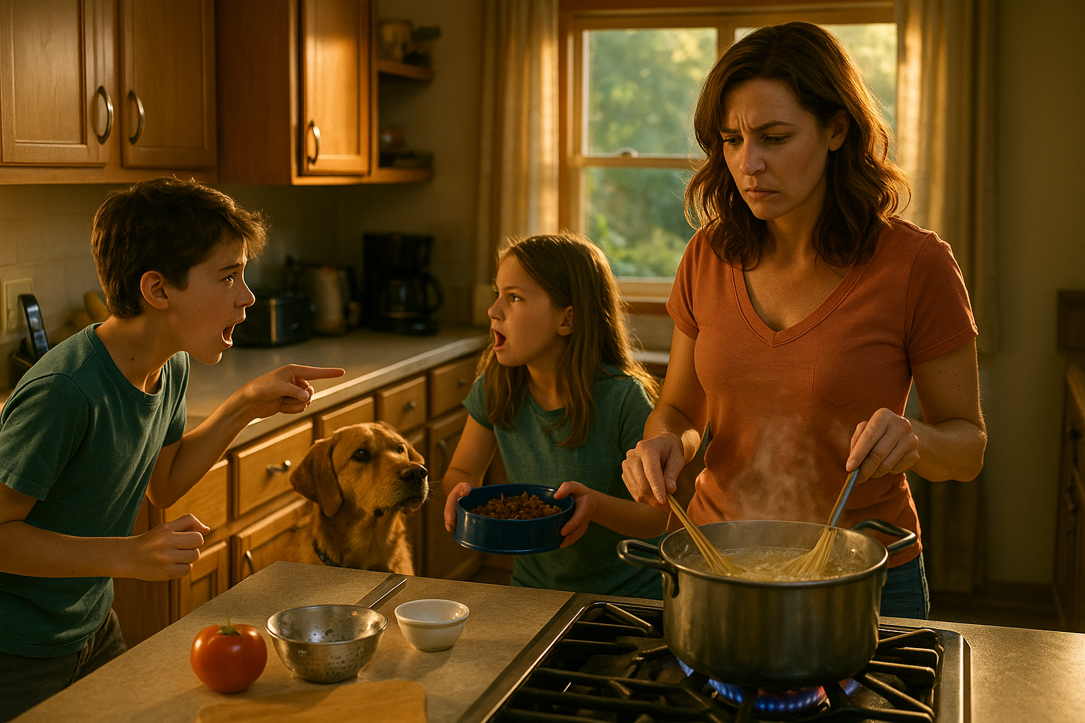 A realistic, cinematic image of a parent cooking dinner while two kids argue over feeding the family dog in a warm, sunlit kitchen—symbolizing everyday family challenges and changing life circumstances connected to child support reviews in Texas.