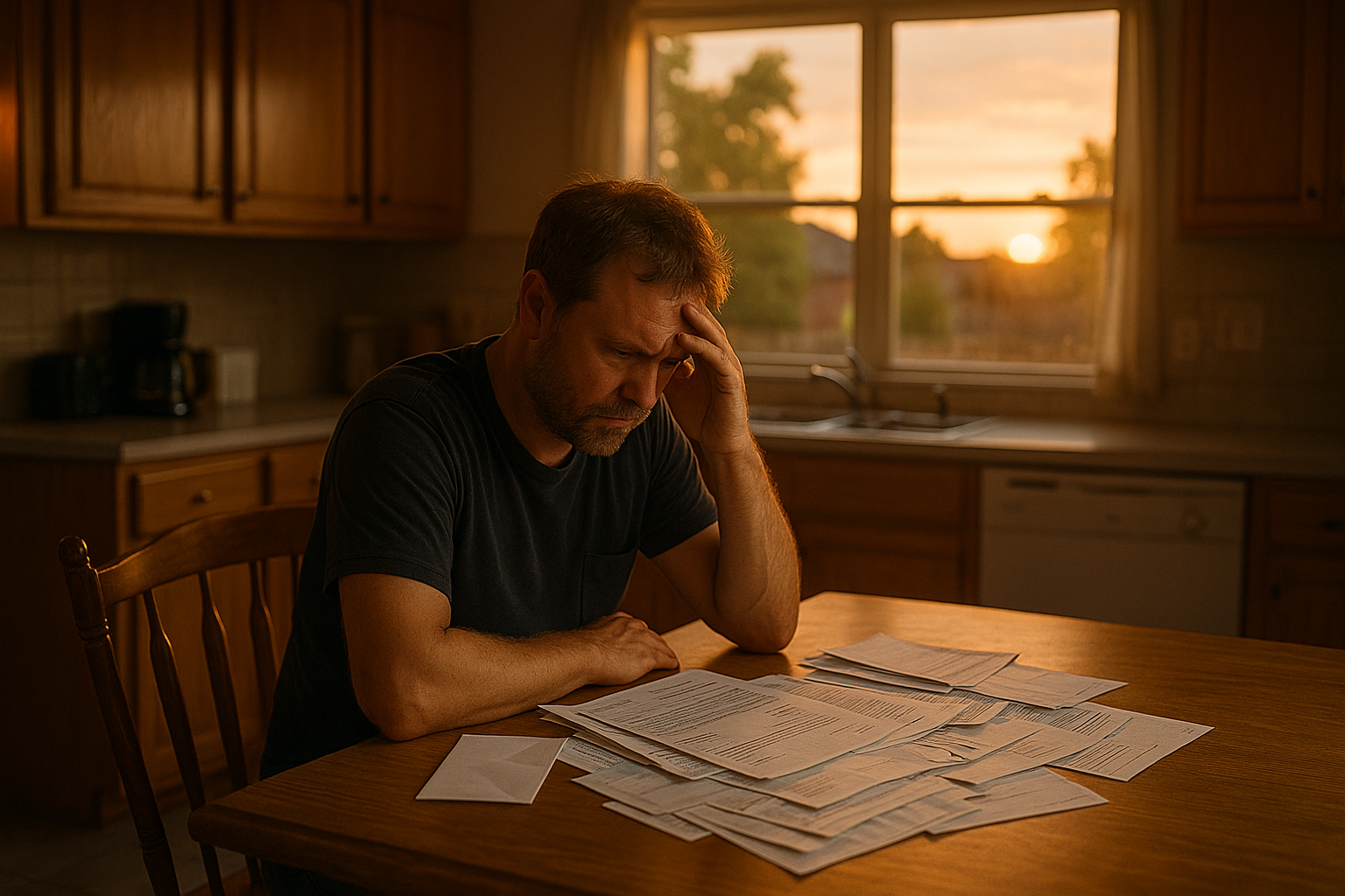 A recently divorced parent in Houston sits at a kitchen table surrounded by bills at sunset, symbolizing reflection and new beginnings.