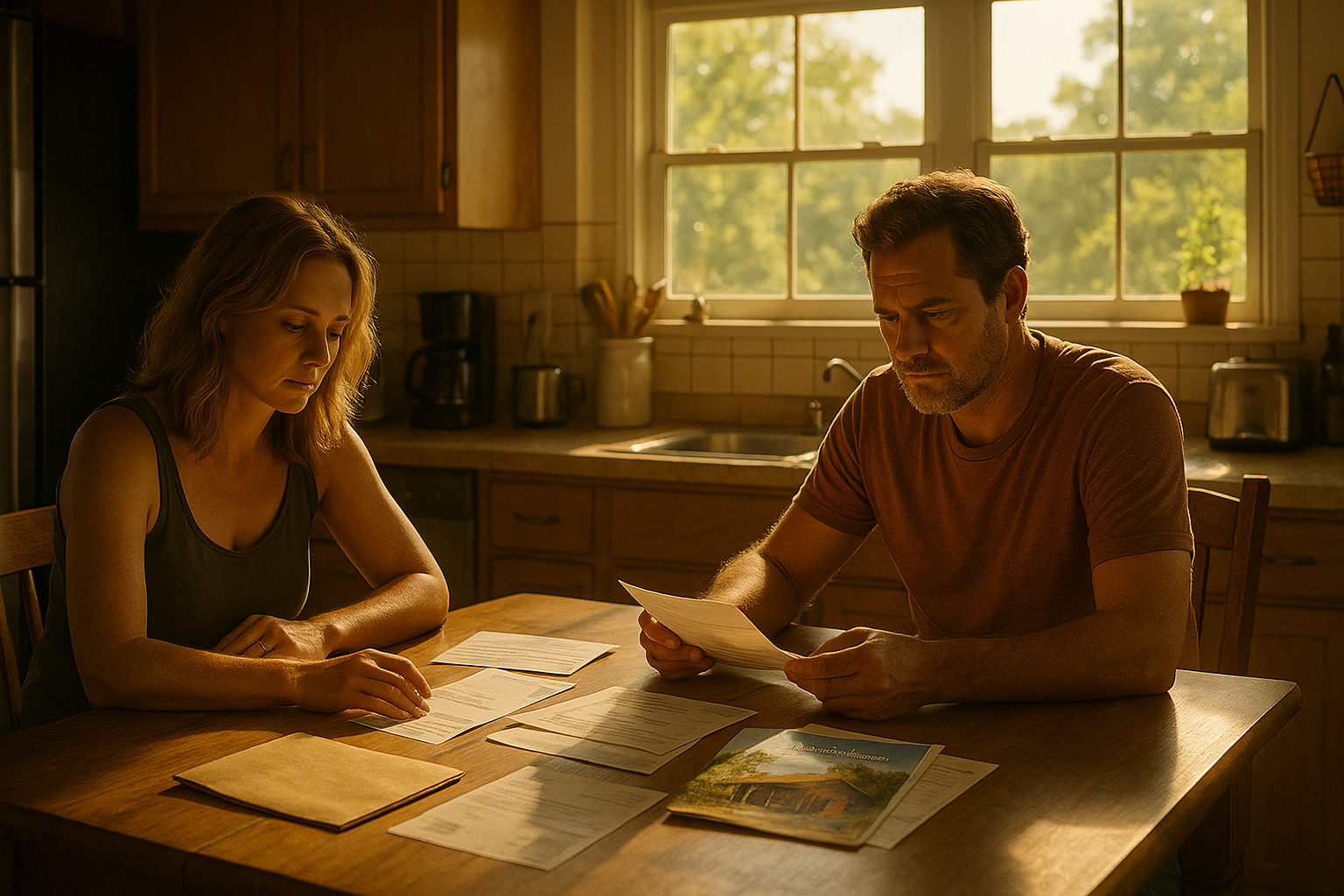 A couple sitting at their kitchen table sorting through paperwork in warm morning light, reflecting on the calm, emotional decision to pursue an uncontested divorce in Texas.