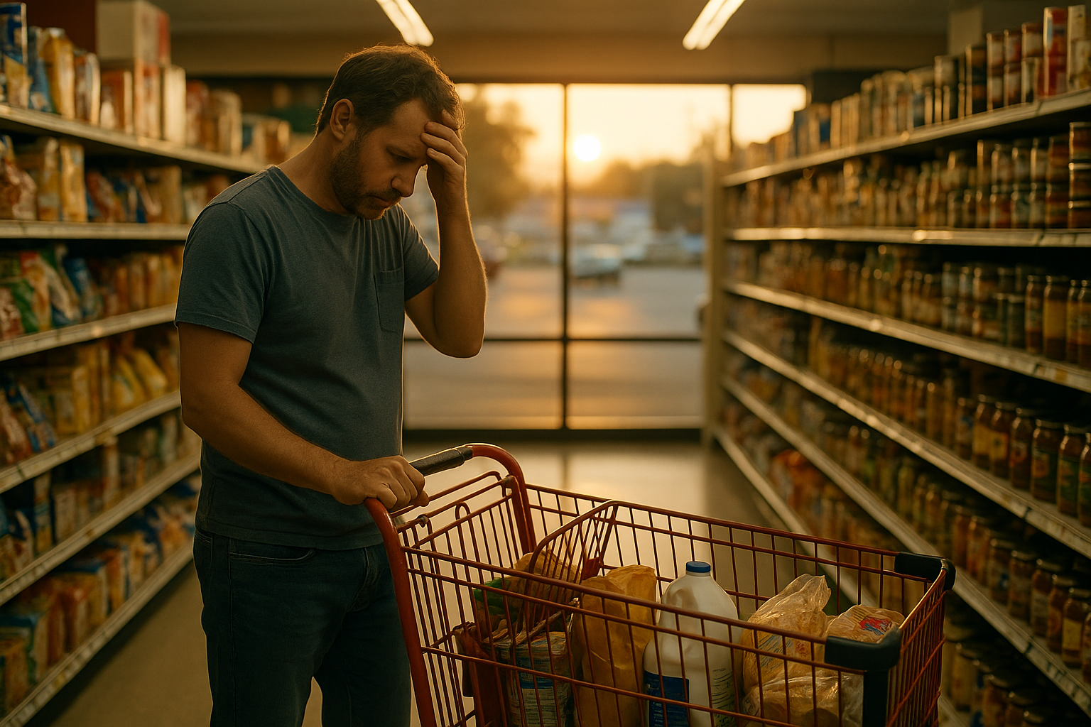 A stressed father stands in a grocery aisle doing mental math while holding a shopping cart, symbolizing the financial strain and emotional weight parents face when dealing with unpaid child support in Texas.
