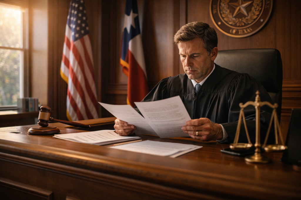 A judge is seated at the bench in a courtroom, reviewing legal documents related to a divorce case. The setting suggests a formal atmosphere where matters such as child custody and court costs are being considered, reflecting the complexities of the divorce process under Texas law.