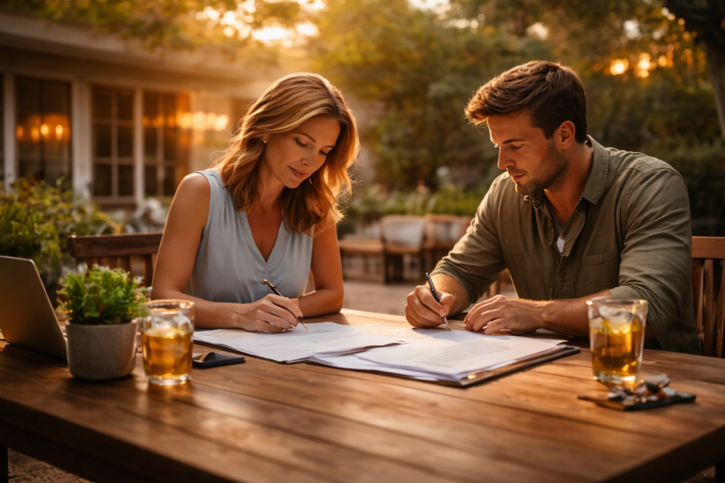 A couple calmly reviews and signs documents together at an outdoor table during a warm summer evening, reflecting a cooperative divorce agreement.