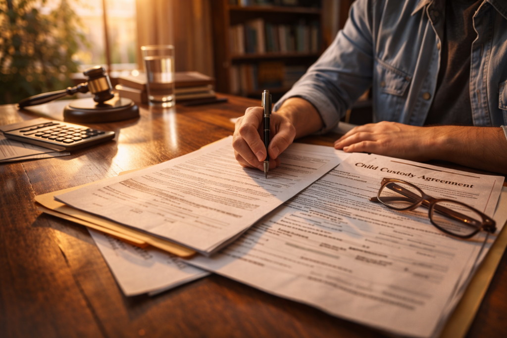 A person is seated at a table, focused on filling out legal forms related to divorce proceedings, possibly including details about court fees and child custody arrangements. The setting suggests a serious atmosphere, as they prepare for the legal process in Texas.
