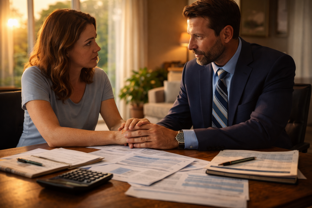 The image depicts two individuals engaged in a supportive conversation at a table covered with various documents, likely discussing matters related to temporary spousal support and financial stability during the divorce process. Their expressions convey understanding as they navigate the complexities of spousal maintenance and the necessary steps to ensure each spouse's minimum reasonable needs are met.