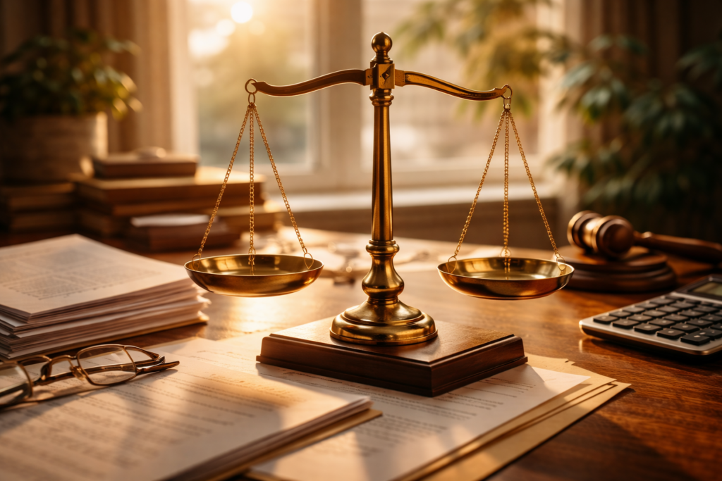 The image depicts a balanced scale symbolizing fairness in divorce proceedings, highlighting the importance of equitable outcomes in matters such as property division, child custody, and spousal support. This visual representation underscores the financial implications and costs involved in the divorce process, including legal fees and court costs, particularly relevant to those navigating divorce in Texas.