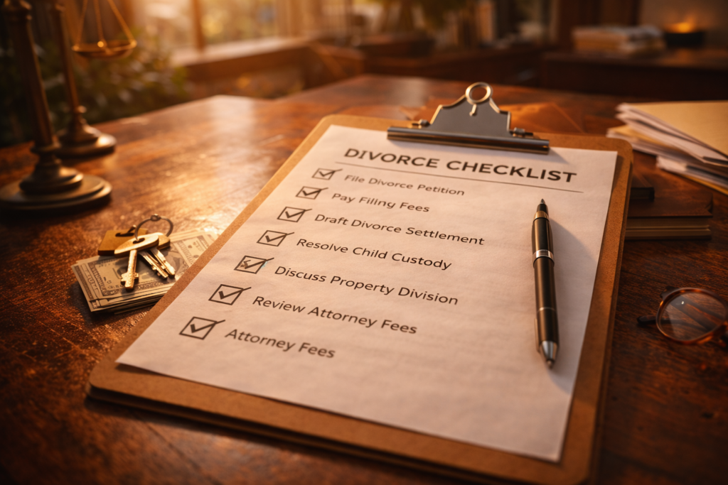 The image shows a completed checklist on a clipboard, indicating various tasks related to the divorce process, such as filing fees, child custody arrangements, and attorney fees. This visual represents the organized steps couples may take when navigating an uncontested divorce in Texas.