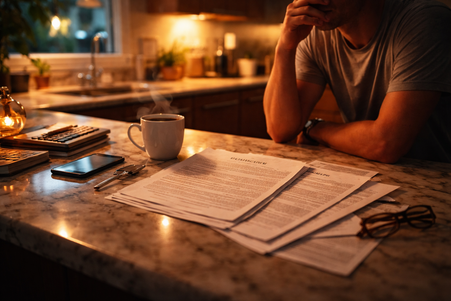 A parent standing at a kitchen counter late at night reviewing divorce paperwork beside an untouched cup of coffee, reflecting the emotional start of a Texas divorce.