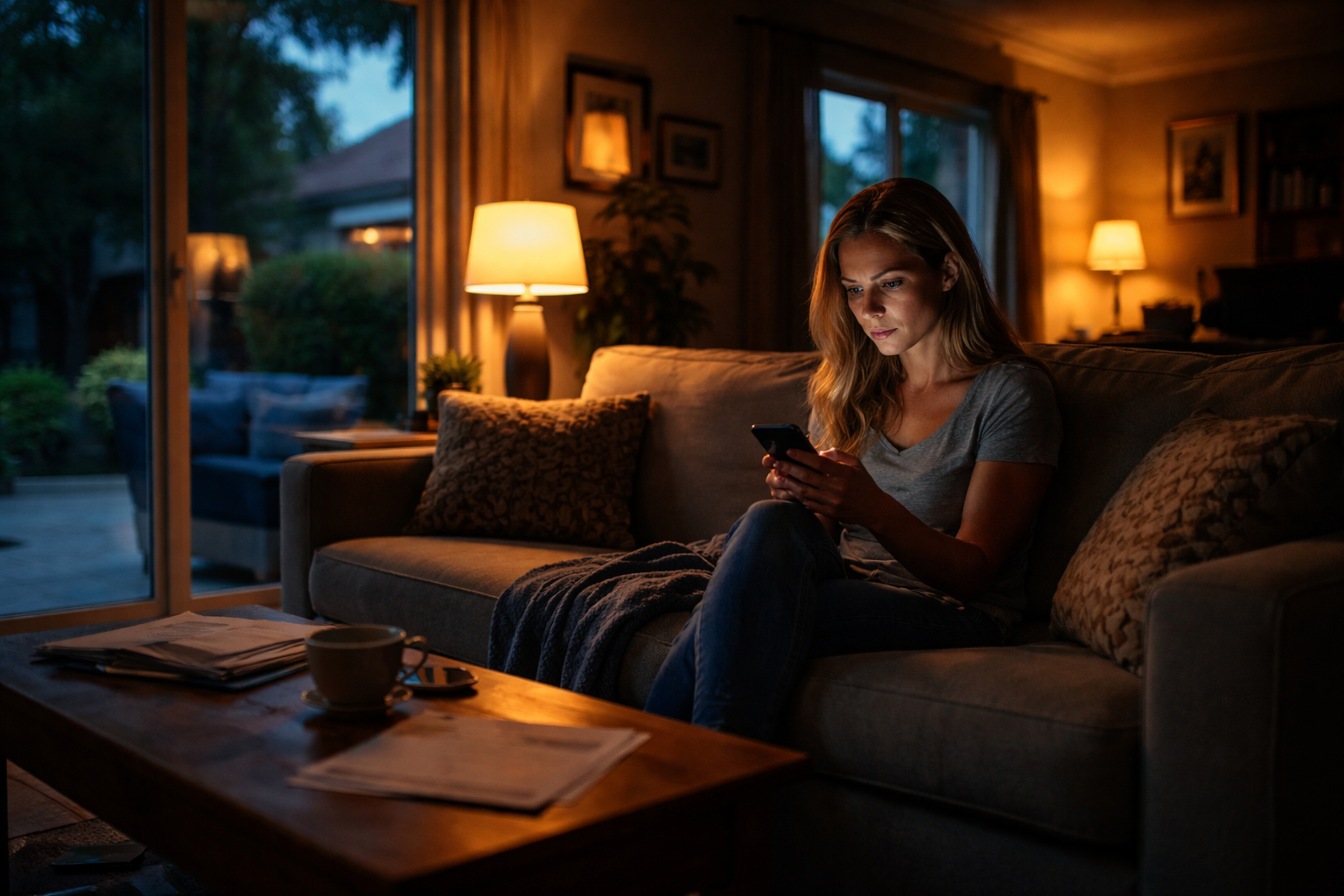 A woman sitting alone on a couch at night, reviewing divorce paperwork on her phone in a quiet Texas home