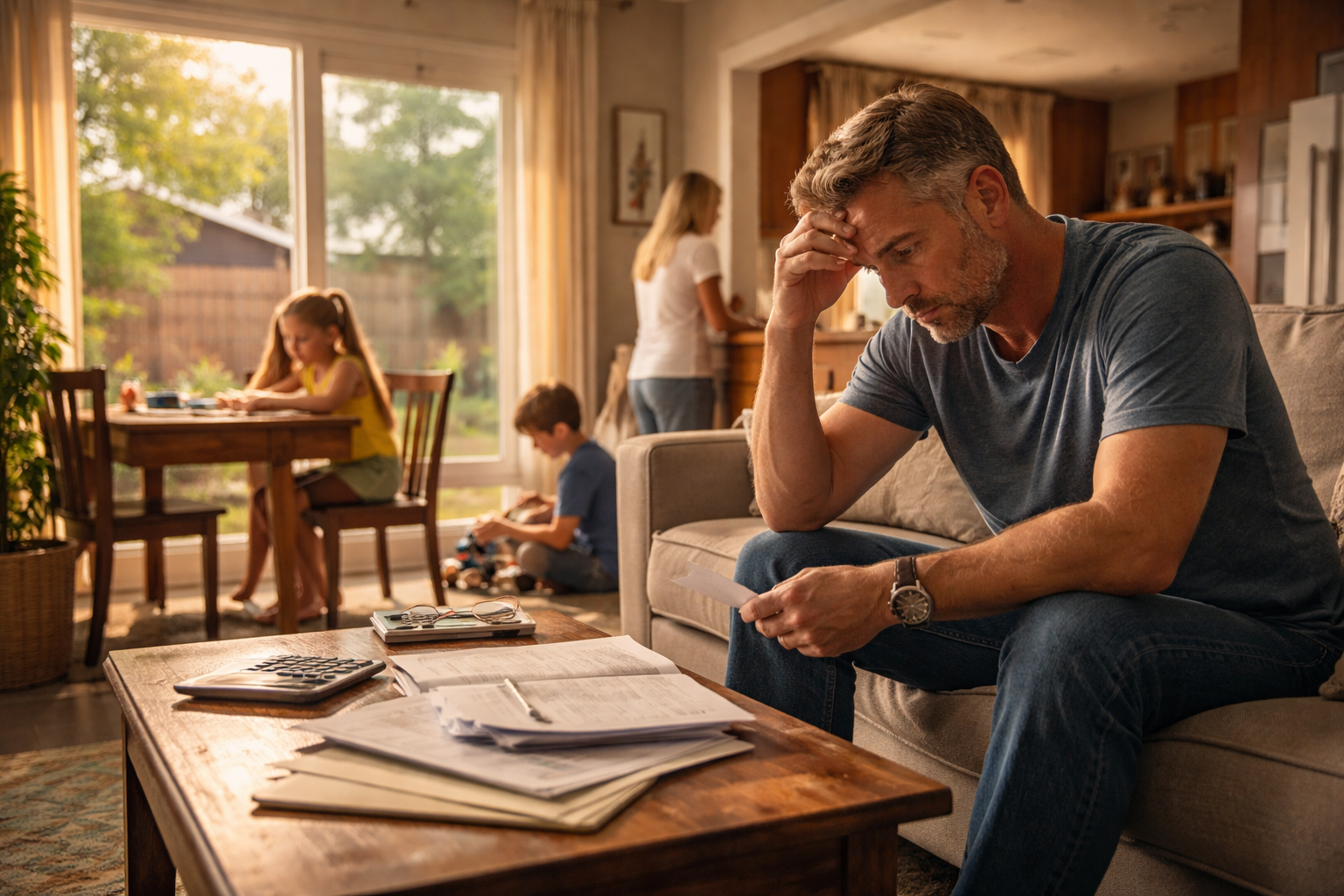 Stressed Houston father reviewing divorce paperwork at home while children and co-parent are in the background