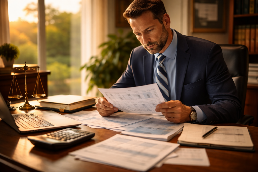A professional sits at a desk in an office, intently reviewing financial statements, which may include details relevant to temporary spousal support and the financial interests of both spouses during the divorce process. The setting suggests a focus on ensuring financial stability and understanding the couple's financial situation in accordance with Texas family law.